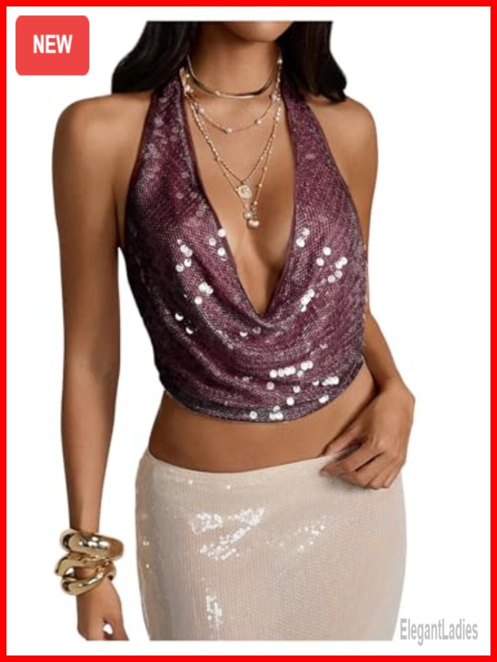 Sexy Sequin Halter Top Deep V Cowl Neck Backless Sleeveless